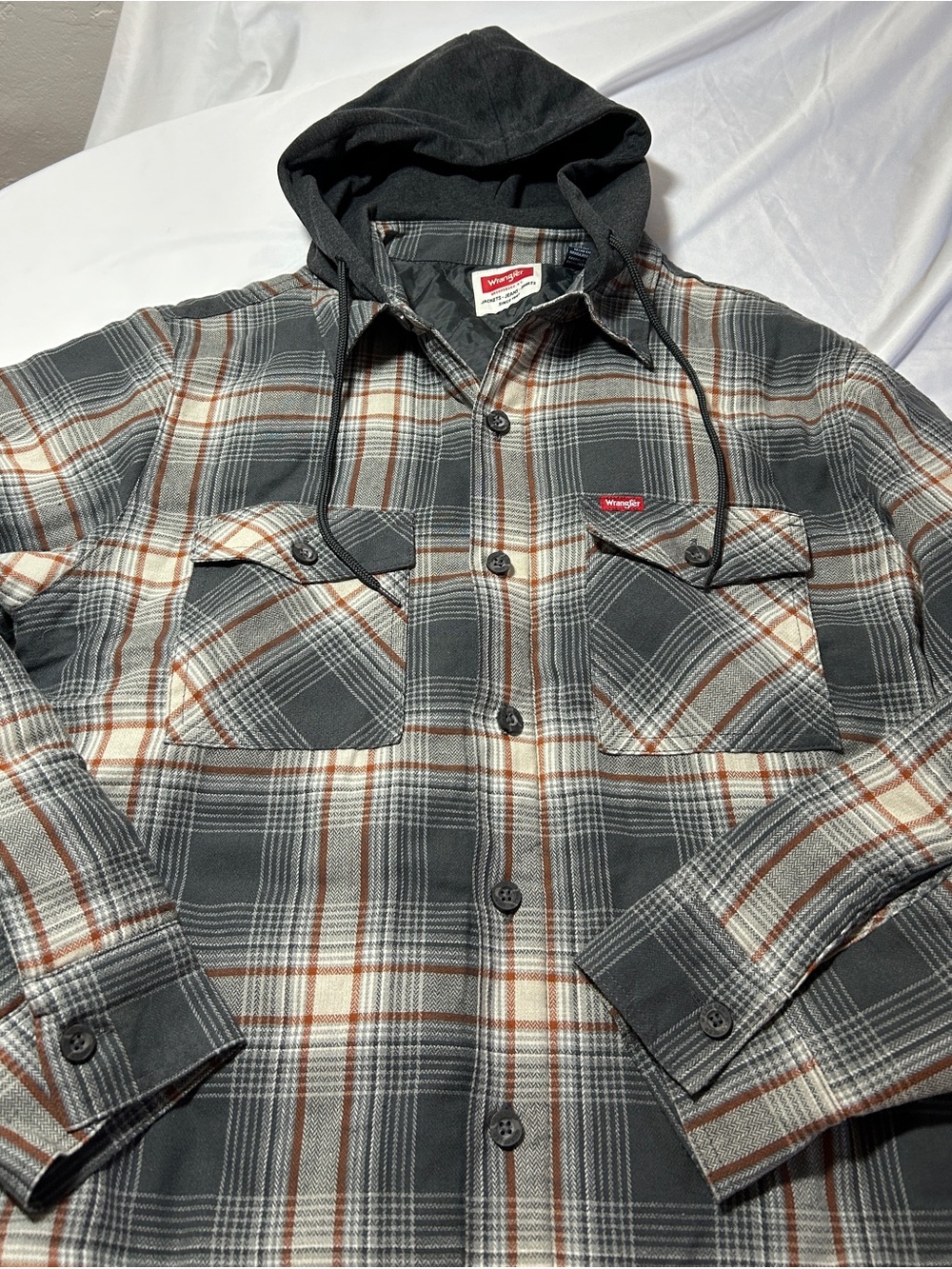 Wrangler Plaid Hooded Shirt Jacket in Gray and Brown